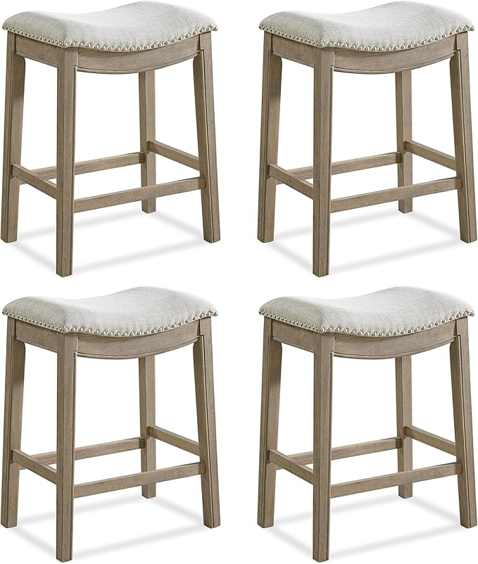 ROME + OAK Set of 4 Parker 26" Counter Stool, Backless Saddle Kitchen Barstool in Reclaimed Oak Finish with Ash Grey Fabric Upholstery Cushion Seat