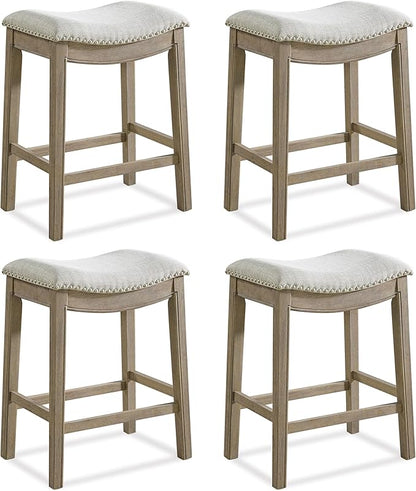ROME + OAK Set of 4 Parker 26" Counter Stool, Backless Saddle Kitchen Barstool in Reclaimed Oak Finish with Ash Grey Fabric Upholstery Cushion Seat