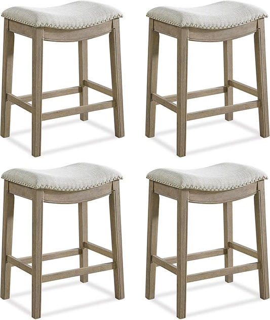 ROME + OAK Set of 4 Parker 26" Counter Stool, Backless Saddle Kitchen Barstool in Reclaimed Oak Finish with Ash Grey Fabric Upholstery Cushion Seat