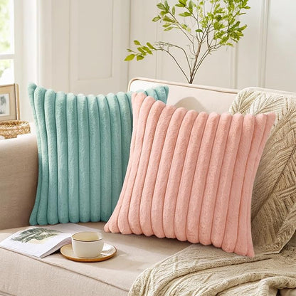 Pallene Faux Fur Plush Lumbar Throw Pillow Covers 12x20 Set of 2, Luxury Soft Fluffy Striped Decorative Pillow Covers for Sofa, Couch, Living Room, Aqua