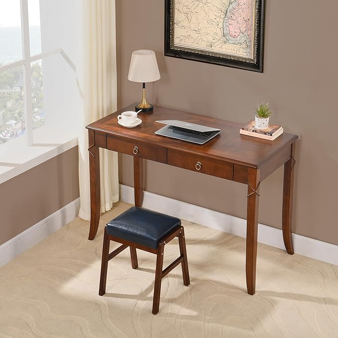 Solid Wood Computer Writing Desk with 2 Big Drawers, 46.06" Wide Home Office Desk Workstation with Hourglass Shape Tabletop Big Rustic Study Table in Cherry Brown, BSZ-DR200