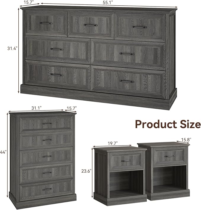 Farmhouse Dresser and Nightstand Sets, 4Pcs Bedroom Furniture Set, Nightstand Set of 2 & 55" Wide 7 Drawer and 44" Tall 5 Drawer Dresser with Large Drawers & Bar Handles, Grey