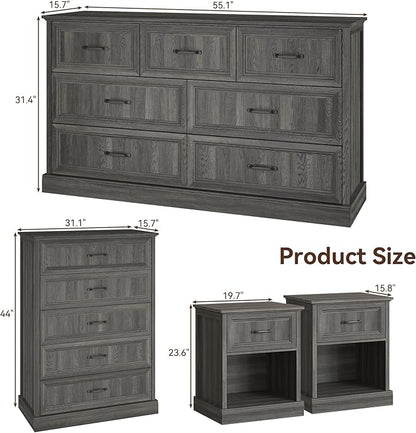 Farmhouse Dresser and Nightstand Sets, 4Pcs Bedroom Furniture Set, Nightstand Set of 2 & 55" Wide 7 Drawer and 44" Tall 5 Drawer Dresser with Large Drawers & Bar Handles, Grey