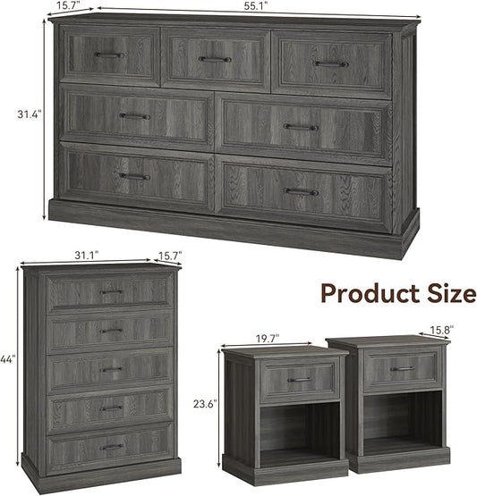 Farmhouse Dresser and Nightstand Sets, 4Pcs Bedroom Furniture Set, Nightstand Set of 2 & 55" Wide 7 Drawer and 44" Tall 5 Drawer Dresser with Large Drawers & Bar Handles, Grey