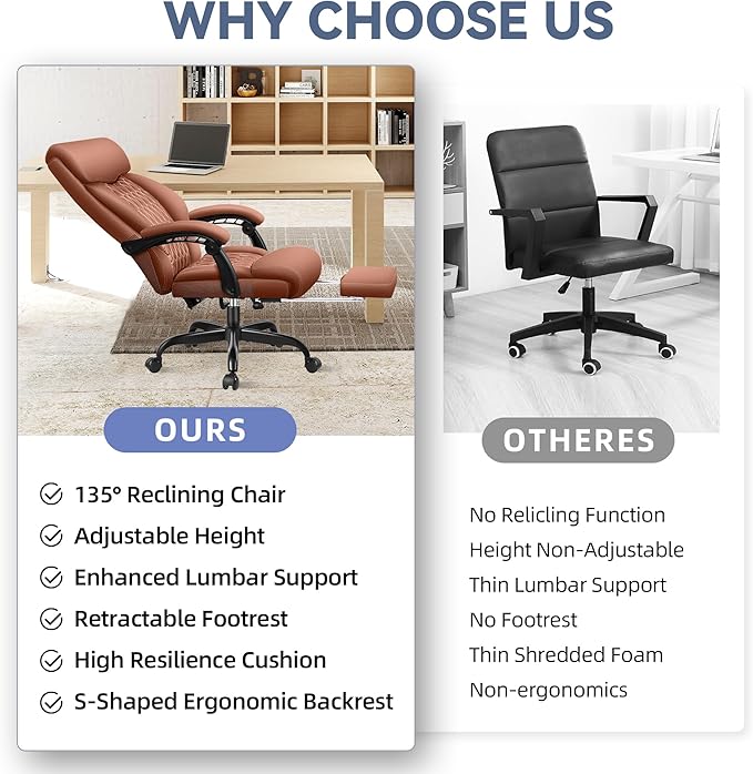 Big and Tall Executive Leather Reclining Office Chair with Footrest and Lumbar Support