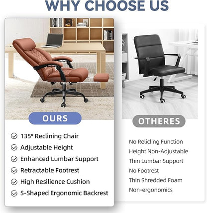 Big and Tall Executive Leather Reclining Office Chair with Footrest and Lumbar Support