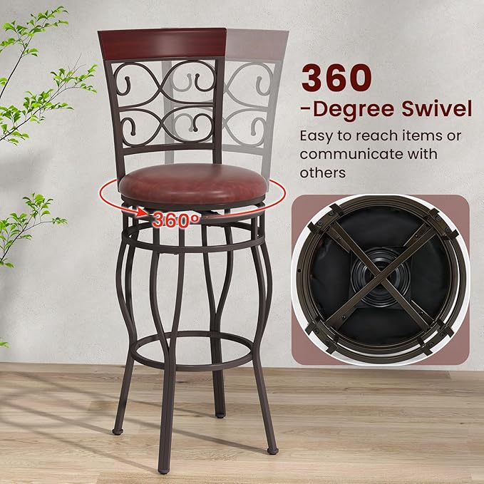 Giantex 30" Swivel Bar Stools Set of 2, Bar Height Bar Stools w/Back, Upholstered PU Leather Seat, Footrest, Max Load 330Lbs, Vintage Metal Barstools for Kitchen Island, Dining Room, Rustic Brown