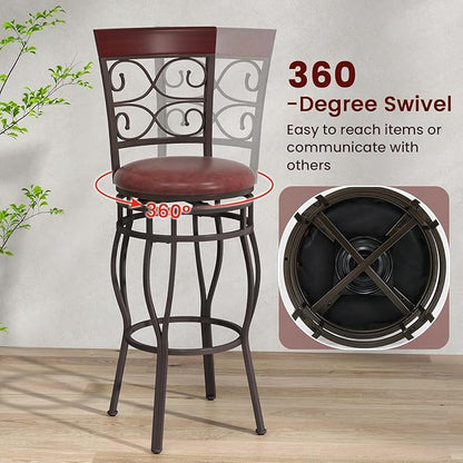 Giantex 30" Swivel Bar Stools Set of 2, Bar Height Bar Stools w/Back, Upholstered PU Leather Seat, Footrest, Max Load 330Lbs, Vintage Metal Barstools for Kitchen Island, Dining Room, Rustic Brown