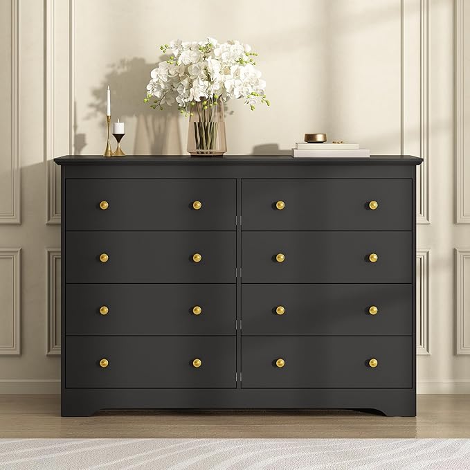 Black Dresser for Bedroom, 8 Drawer Dresser with Large Drawers, 55 Inch Wide Wood Chest for Living Room, Hallway