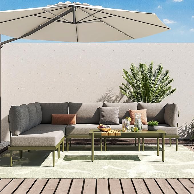Sundale Outdoor 7 Pieces Metal Patio Furniture Set, Outdoor Sectional Sofa w/6 Inch Olefin Cushion and Coffee Table, Modern Outdoor Conversation Sets (6 Seats, Green Frame)