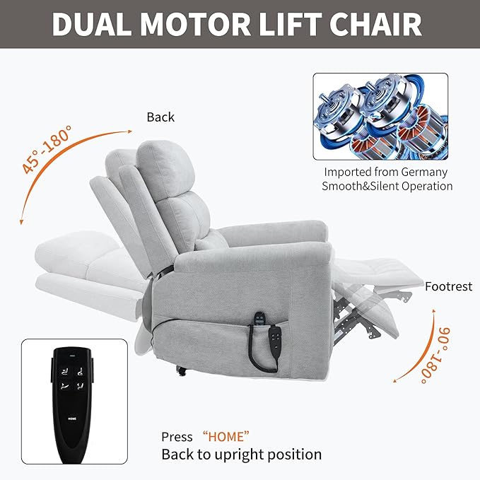 PELUMY Power Lift Recliner Chair for Elderly with Massage and Heat, Dual Motor Heavy Duty 350lbs Recliner, 8-Point Vibration & Lumbar Heating, Electric Lift Chair (Chenille, Light Grey)