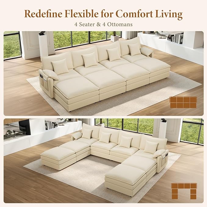 Vesgantti 142" Oversized Sectional Sofa Bed, 8-Seater Modular Sleeper Cloud Couch with Movable Ottoman, Chenille Convertible Sofa Set Deep Seat Couches for Living Room, Bedroom and Apartment, Beige