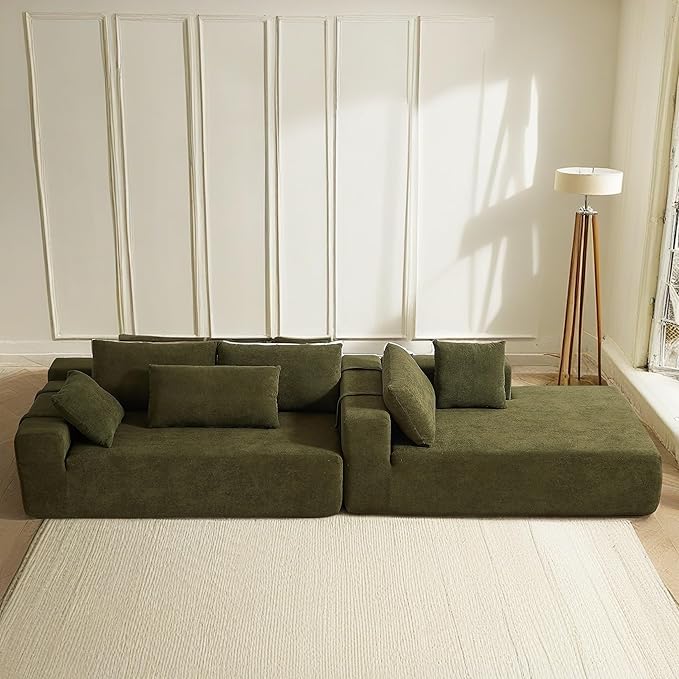 108" Modular Sectional Couch Sofa with L-Shape Chaise, Modern Cloud Comfy Sofa with Deep Seat, Upholstered Couches for Living Room Bedroom, No Assembly Required (Green Right Facing Chaise)