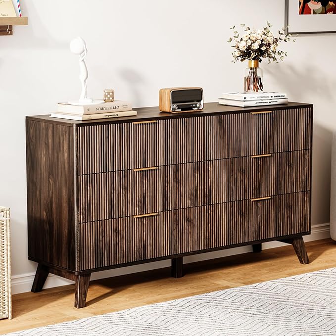 6 Drawer Dresser, 53.43 Inch Fluted Wood Double Dresser Curved Design Wide Storage Organizer Cabinet Mid Century Modern Chest Dressers for Bedroom Living Room Entryway(Walnut)