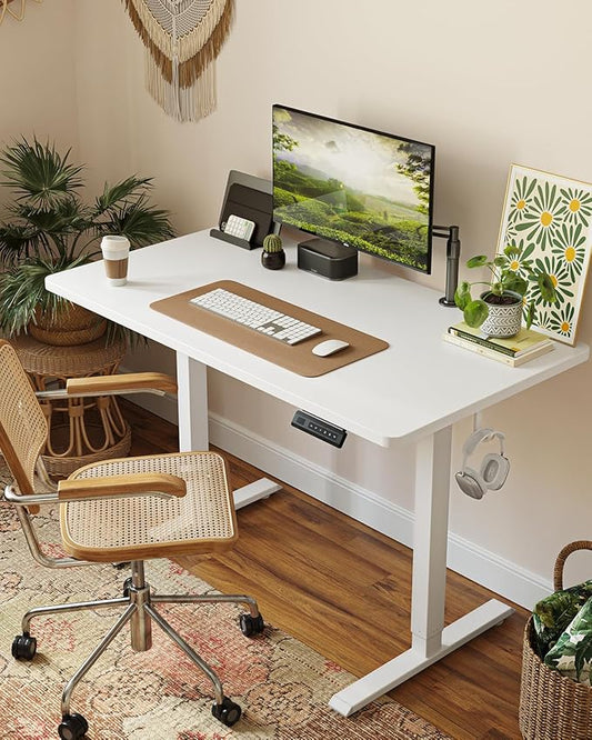 FEZIBO One-Piece Standing Desk Adjustable Height Stand up Home Office Desk, 32x20 Inch Electric Standing Computer Desk, with 4 Memory Presets, Headphone Hook, White
