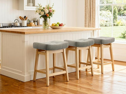 Counter Height Bar Stools Set of 2 for Kitchen Counter Farmhouse Modern Barstools with Upholstered Fabric Backless Seat and Solid Wood Legs 24 inch Bar Chairs, Grey + Wood Color