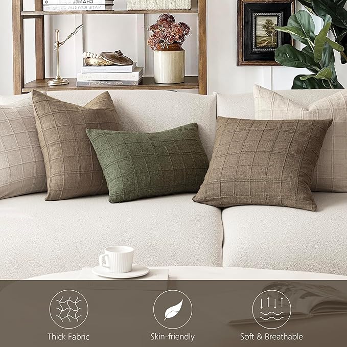 Foindtower Set of 2 Decorative Linen Check Throw Pillow Covers Neutral Farmhouse Lumbar Cushion Covers Modern Boho Home Decor for Sofa Chair Couch Bedroom Living Room,12×20 Inch,Light Brown