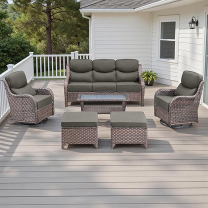 Rilyson Wicker Outdoor Patio Furniture Set - 6 Piece Patio Conversation Sets with Swivel Rocker Chairs, Ottomans, Sofa and Table, 6 inch Cushions, Deep Seating, for Porch Deck Brown/Grey