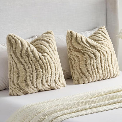 FUTEI Beige Decorative Throw Pillow Covers 20x20 Inch Set of 2,Soft Faux Fur Geometric Shapes Texture Cushion Case,Boho Home Decor for Couch Bed Living Room