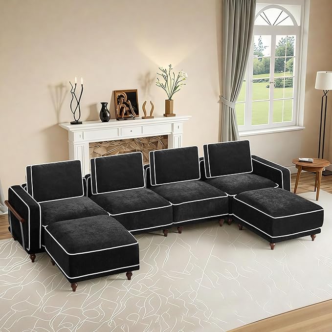 146" 4 Seater Cloud Couch with 2 Ottoman,Modular Sectional U Shaped Sofa with Armrests Wooden Legs,Oversized Deep Seat Comfy Thicked Cushion Upholstered Sofa for Living Room Bedroom,Black