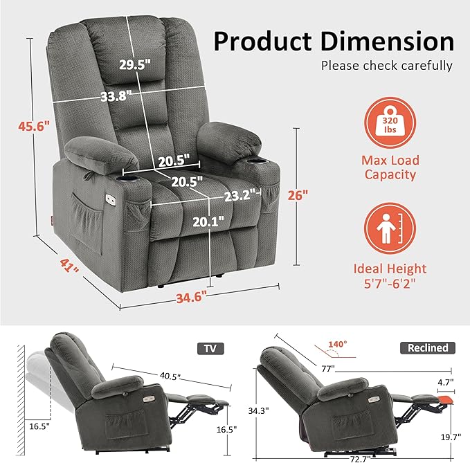 MCombo Large Power Lift Recliner Chair Sofa with Massage and Heat for Big and Tall Elderly People, 3 Positions, Cup Holders, and USB Ports, Fabric 7549 (Large, Grey)