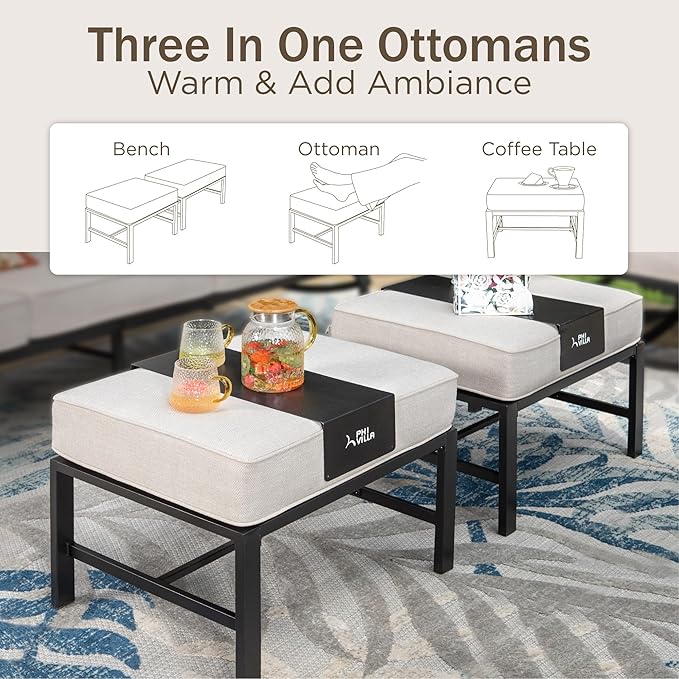 PHI VILLA Patio Furniture Set for 5 Person, Outdoor Furniture with 1 x 3 Seater Cushioned Deep Seating Bench, 2 x Armrest Sofa Chairs & 2 x Metal Cushioned Ottoman
