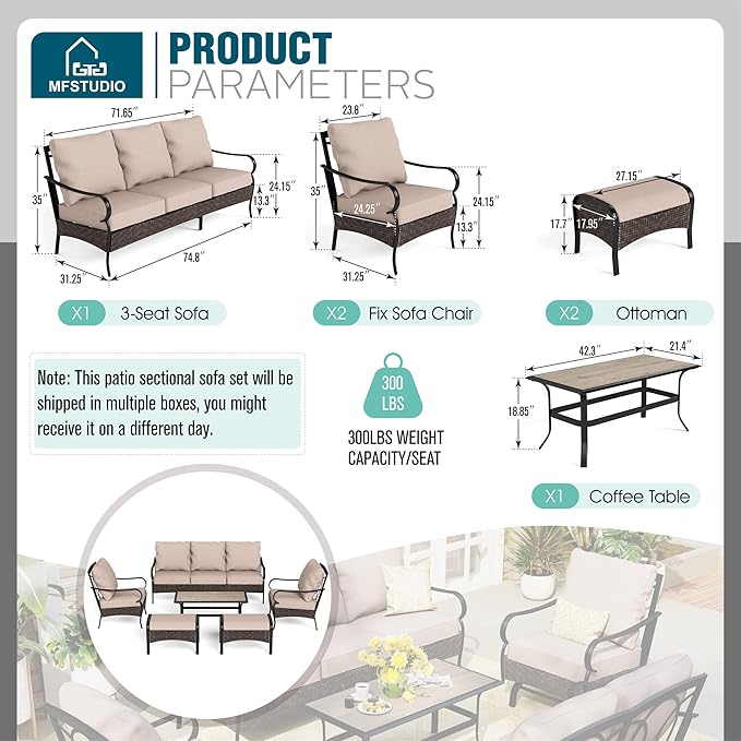 MFSTUDIO Outdoor Patio Furniture Set, 6 PCS Metal Patio Conversation Sets for 7, Patio Sectional Set with High Back 3-Seat Sofa, 2 Fixed Sofa Chairs, 2 Ottoman, 1 Coffee Table, 5.5" Thicken Cushions