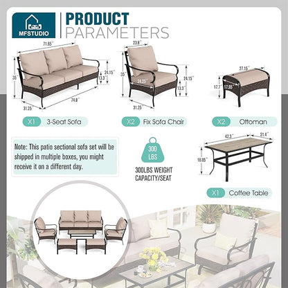 MFSTUDIO Outdoor Patio Furniture Set, 6 PCS Metal Patio Conversation Sets for 7, Patio Sectional Set with High Back 3-Seat Sofa, 2 Fixed Sofa Chairs, 2 Ottoman, 1 Coffee Table, 5.5" Thicken Cushions
