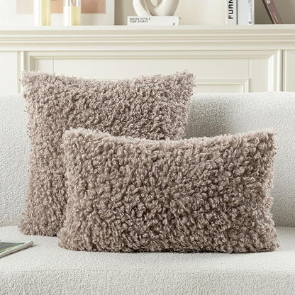 FUTEI Khaki Decorative Throw Pillow Covers 20x20 Inch Set of 2,Soft Fluffy Faux Wool Fur Boucle Textured Cushion Case,Modern Home Decor for Couch Bed Living Room Office
