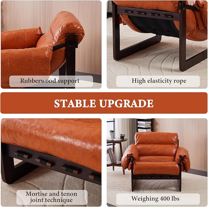 Furnilivng Modern Lounge Accent Chair, Comfortable Oil Waxed Leather Arm Chair with Sturdy Wood Frame, Upholstered Cozy Sofa Chair for Living Room, Bedroom, Dressing Room, Home Office, Retro Orange
