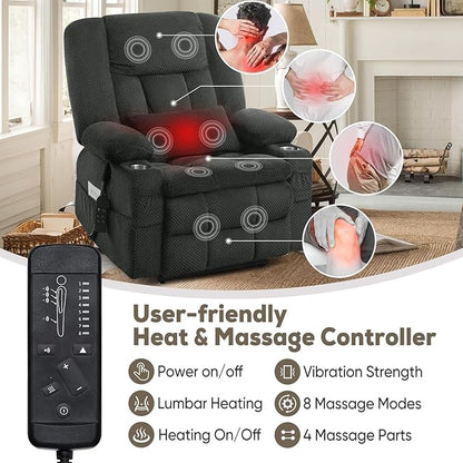 ABCASA Oversized Dual Motor Lay Flat Power Lift Massage Recliner Chair Set of 2 for Elderly with Heat for Living Room, Lift Chairs Recliner with Lumbar Pillow, Cup Holder - Grey