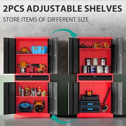 Metal Storage Cabinet with Drawer and Lock,Garage Storage Cabinet with Locking Doors and Shelves,71" Black Red Metal Cabinets,Lockable Steel Tool Cabinets for Garage,Home,Office,Shop