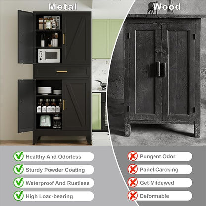 Large Metal Kitchen Pantry Cabinet with Adjustable Shelves - Freestanding Kitchen Storage Cabinet for Dining Room,Livingroom Bathroom, Hallway, Workshop, Office (Black, 71"-1 Drawer)
