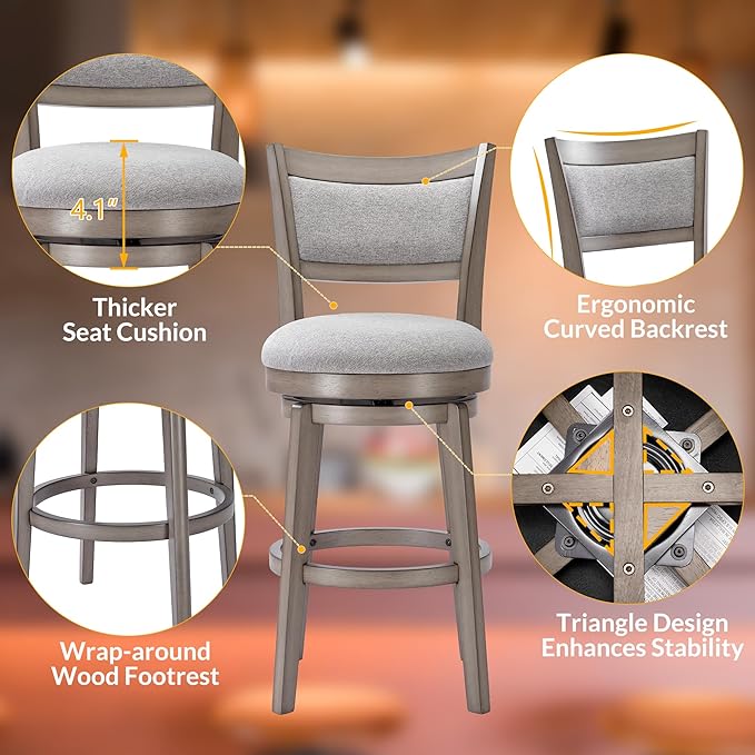 PrimeZone Swivel Bar Stools Set of 8, 26 Inch Counter Height Barstools, High Back Bar Stool with Solid Wood Legs & Wrap-Around Footrest, Counter Stools for Kitchen Island, Pub, Grey