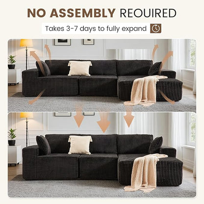 Apicizon 113" Sectional Sofa Couch for Living Room, 3 Seat Boneless Sofa with Chaise Longue, L-Shape Modular Sectional Couches with Deep Seat for Apartment，No Assembly Required (Stripe Corduroy Black)
