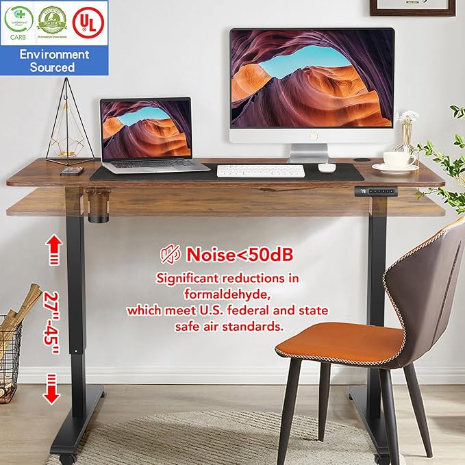 farexon Electric Standing Desk 55 x 24In with Charging Station, Stand up Desk with Oversized Mouse Pad, 2 USB Ports & 3 Power Outlets, 4 Caster, 4 Preset Heights Easy to Set（Brown）