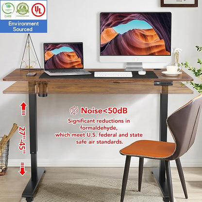 farexon Electric Standing Desk 55 x 24In with Charging Station, Stand up Desk with Oversized Mouse Pad, 2 USB Ports & 3 Power Outlets, 4 Caster, 4 Preset Heights Easy to Set（Brown）