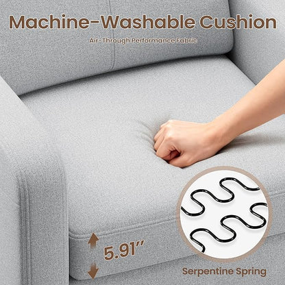 Accent Chair for Living Room Modern Linen Upholstered Armchair Side Wooden Fabric Sofa Chair with Foldable Table 2 Side Pockets Comfy Reading Chair for Bedroom