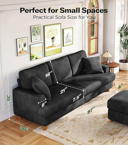 87in Corduroy Couch, Kidirect Sofa No Tool Assembly, Comfy Couches for Living Room 21in Deeper Seats, Corduroy Sofas for Living Room with 2 Pillows, Oversized Loveseat Sofa, Boho Love Seat Black Couch