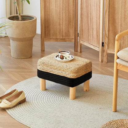 Ottoman Foot Stool Rectangular Footrest Natural Seagrass Footstool with Wooden Legs Hand Weave Multifunctional Modern Dressing Stool, Sofa Side Table for Bedroom for Living Room (Black)