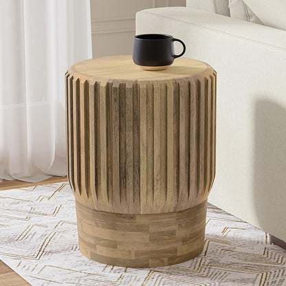 SIMPLIHOME Lyall End Table - 16 inch Wide Solid Mango Wood Round Accent Table with Fluted Sides in Natural, Contemporary Nightstand or Lamp Stand for Living Room or Bedroom, Assembled
