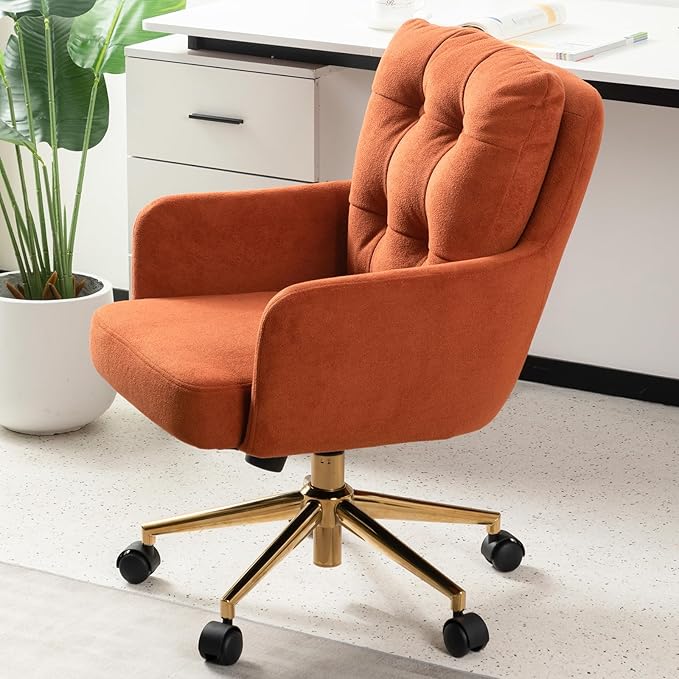 Velvet Office Chair, Comfy Home Office Desk Chairs with Lumbar Support, Modern Velvet Desk Chair Gold Legs Small Swivel Task Chair for Home Office, Bedroom, Study (Orange, L)