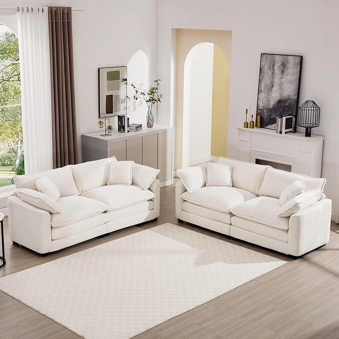 mikibama Luxury 2 Piece Sofa Set, 2 Pieces of Loveseat Couch, Modern Corduroy Comfy Cloud Couches Set for Living Room Office with 4 Armrest Pillows and 4 Toss Pillows, Beige