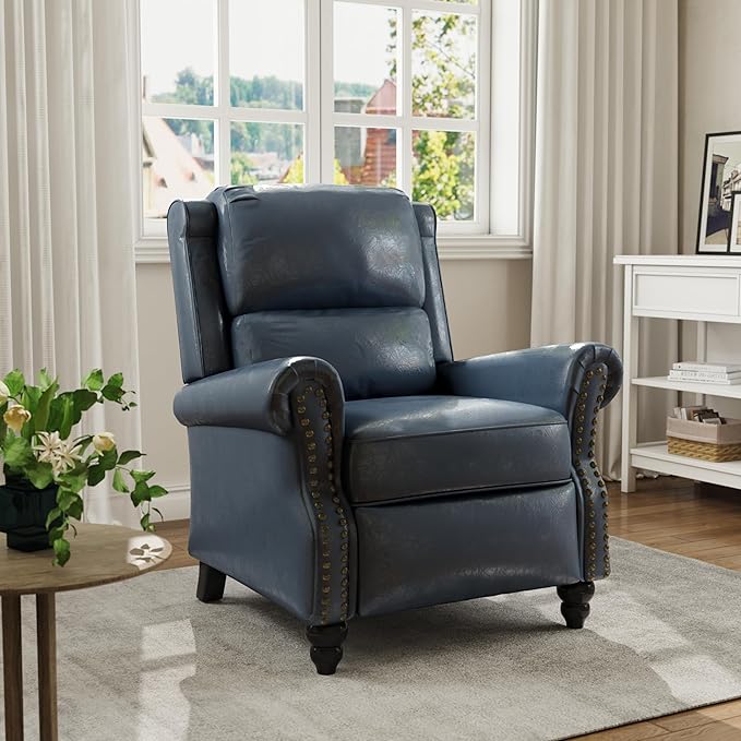 Faux Leather Recliner Chair, Modern Pushback Armchair with Adjustable Backrest & Footrest for Bedroom, Living Room (Dark Blue, Set of 2)