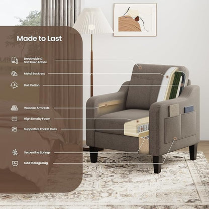 Accent Chair for Living Room Modern Linen Upholstered Armchair Side Wooden Fabric Sofa Chair with Foldable Table 2 Side Pockets Comfy Reading Chair for Bedroom