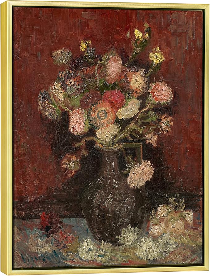 Wieco Art Framed Canvas Wall Art Vase with Chinese Asters and Gladioli by Van Gogh Oil Paintings Modern Abstract HD Canvas Prints Flowers Artwork Pictures for Living Room Wall Decor