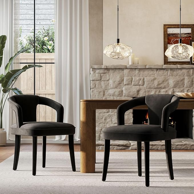 Black Velvet Dining Chairs Set of 2, Modern Upholstered Accent Chairs with Curved Back & Arms, Comfy Large Fully Upholstered Side Chair for Living Room