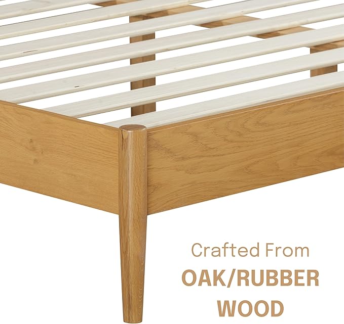 NTC Lupin Wooden Bed Frame with Headboard, Solid Oak and Rubber Wood Foundation with Silent Slats and Wood Central Supports, 1000 Lb Capacity, Effortless Assembly, King - Rustic Oak