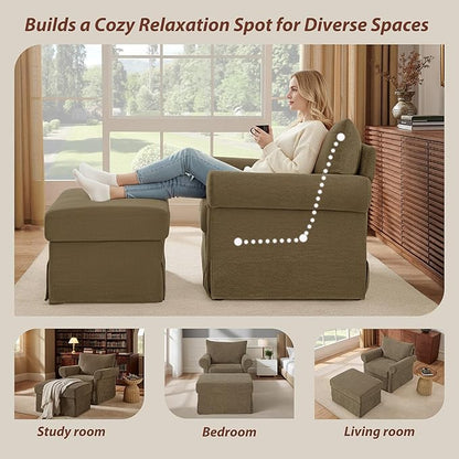 Modern Accent Chairs with Ottoman Set, Comfy Chenille Reading Armchair with Rolled Arms and Cushion Backrest, 35.8" W Chaise Lounge Chair for Living Room, Bedroom, Study, Apartment, Brown