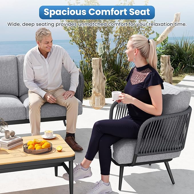 5-Piece Outdoor Patio Furniture Set All Weather 4-Seat Sofa with Coffee Table & Waterproof Thick Cushion – Patio Conversation Sets for Lawn, Balcony, Porch, Muebles para Patios Exteriores